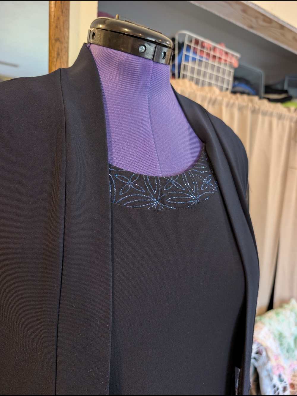 R&M Richards-Black Women's Dress with Blue Sparkle design Neckline With Jacket. - Picture 10 of 15